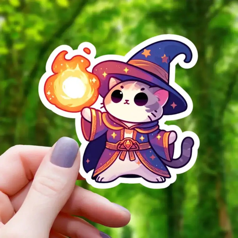Wizard Cat with Stars and Fireball Sticker