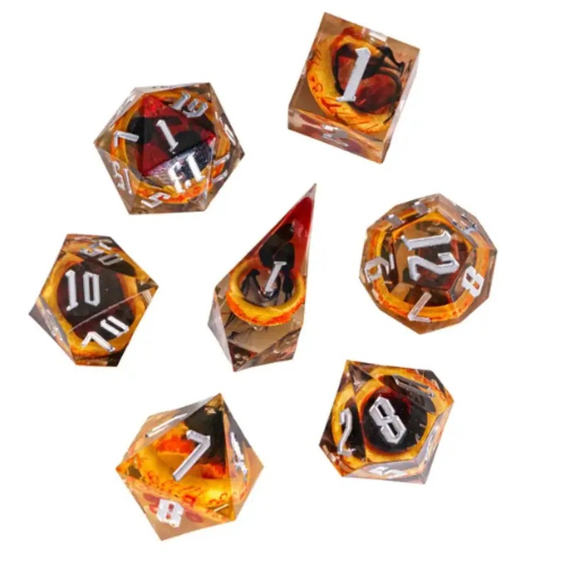 Amber Ring Sharp Edge Resin Polyhedral (D&D) Dice Set (7)