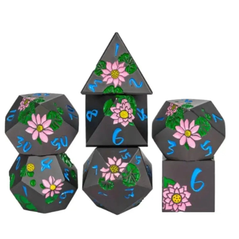 Black with Pink Lotus Metal Polyhedral (D&D) Dice Set (7)