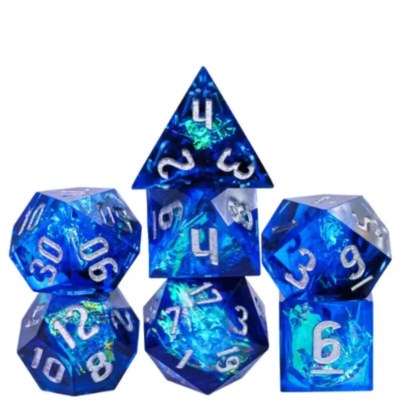 Transparent Blue-Black With Reflective Paper Sharp-Edge Polyhedral (D&D) Dice Set (7)