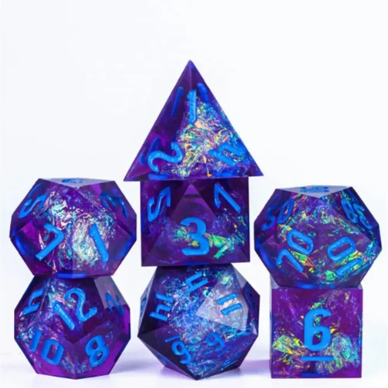 Transparent Indigo With Reflective Paper Sharp-Edge Polyhedral (D&D) Dice Set (7)