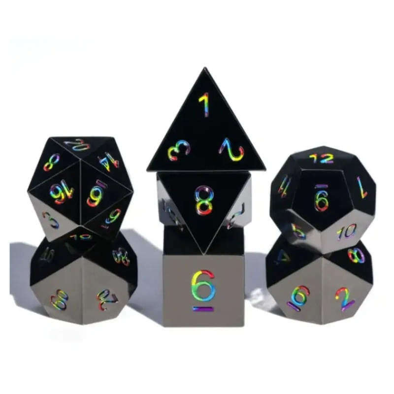 Black with Rainbow Numbers Metal Polyhedral (D&D) Dice Set (7)