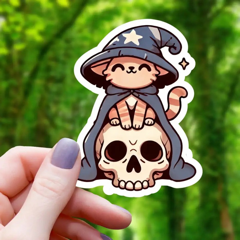 Baby Cat Wizard On Skull Sticker