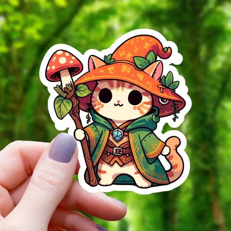 Druid Cat Mushroom Hat Sticker