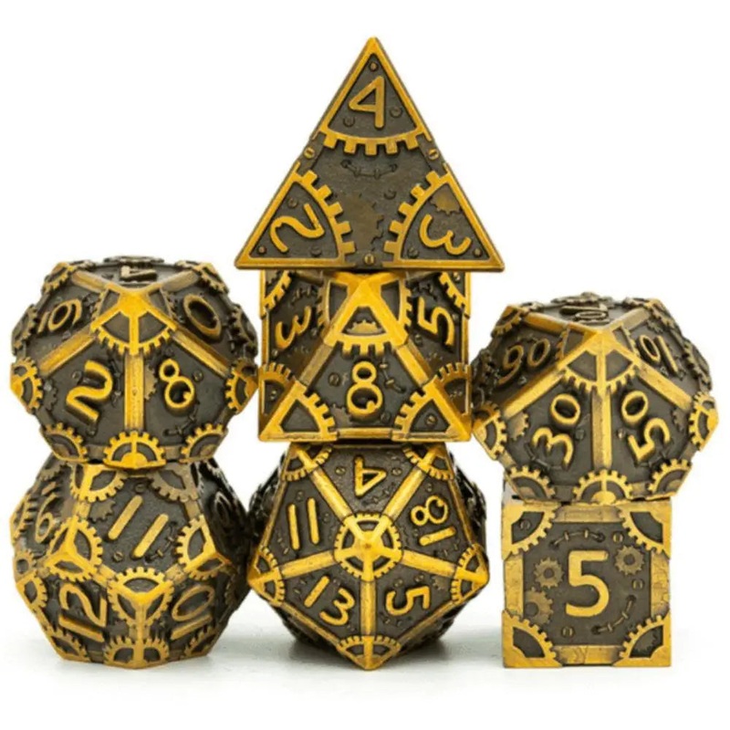 Steam Punk Antique Gold Metal Polyhedral (D&D) Dice Set (7)