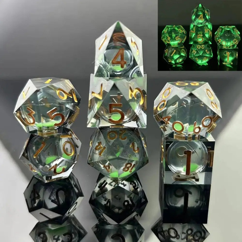 Green Mist Liquid Core Sharp Edge Polyhedral (D&D) Dice Set (7)