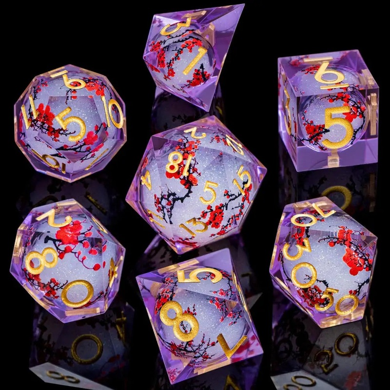 Enchanted Dice Cherry Blossoms in Purple Liquid Core Polyhedral (D&D) Dice Set (7)