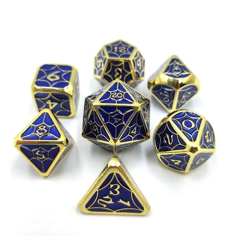 Enchanted Dice Spiderweb Blue on Gold Polyhedral (D&D) Metal Dice Set