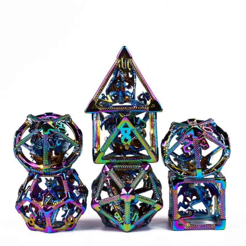 Enchanted Dice Hollow Caged Dragon Metal Polyhedral (D&D) Dice Set (7)
