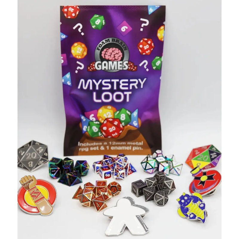 Epic Mystery Loot: Mini Metal Polyhedral Dice Set (7) + Enamel Pin