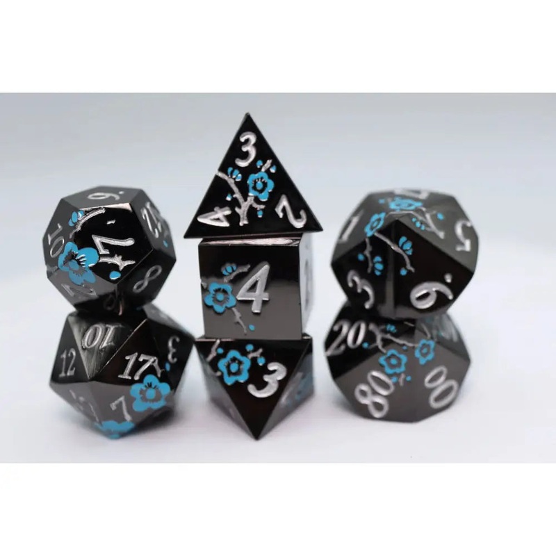 Black with Blue Orchids Metal Polyhedral (D&D) Dice Set (7)