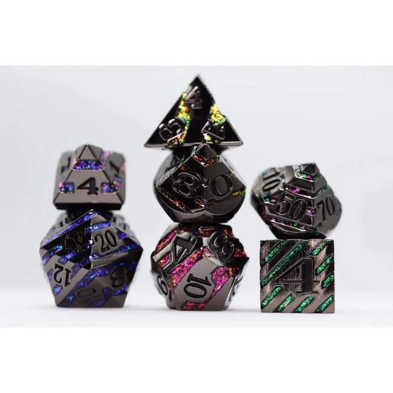 Black with Rainbow Mica Metal Polyhedral (D&D) Dice Set (7)
