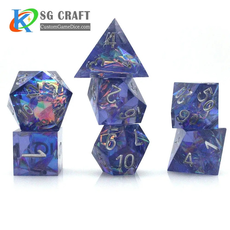 Transparent Blue With Reflective Paper Sharp-Edge Polyhedral (D&D) Dice Set (7)