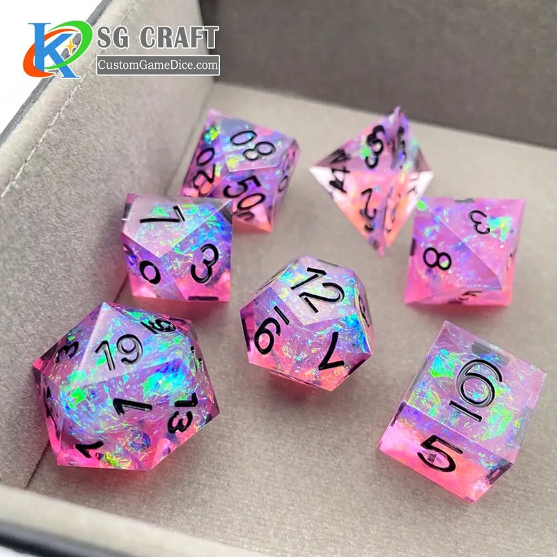 Transparent Pink With Reflective Paper Sharp-Edge Polyhedral (D&D) Dice Set (7)