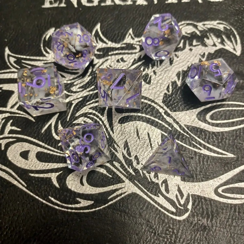 Transparent Purple With Flecks and Wisps Sharp-Edge Polyhedral (D&D) Dice Set (7)