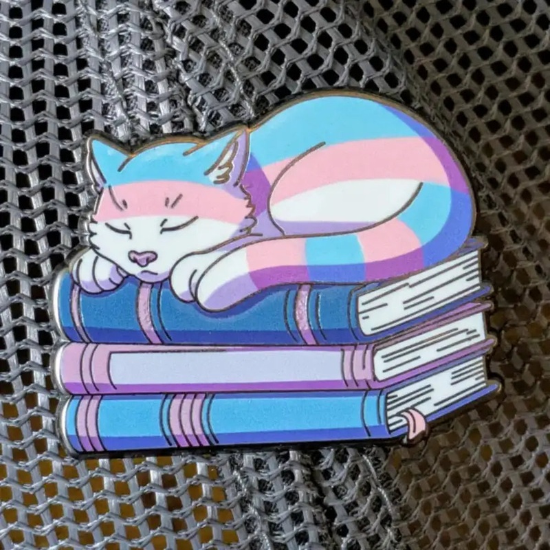 Trans Cat on Books Enamel Pin