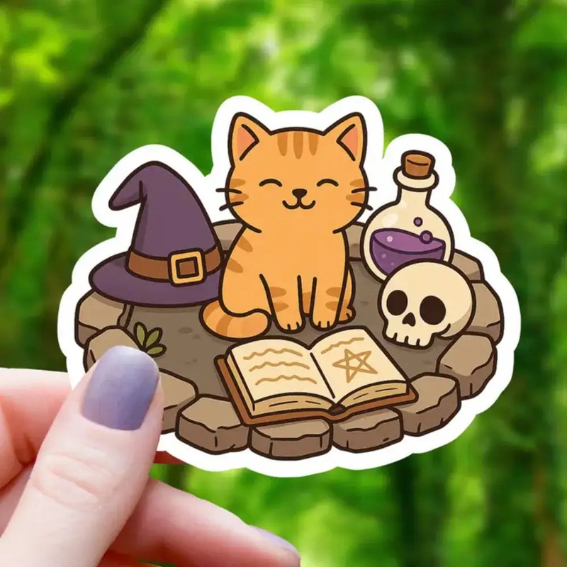 Witchy Cat with Spellbook Sticker