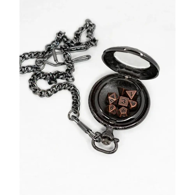 Infant Horologist Black Chrome Pocket Watch with Micro Mini Metal Polyhedral Dice Set (7)